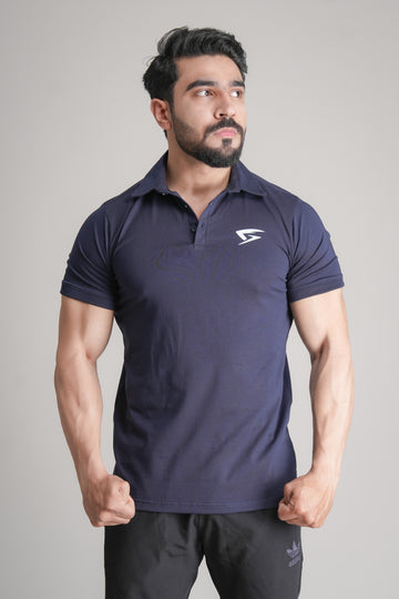 GRYND Navy Blue Slim Fit Polo T-Shirt – breathable cotton activewear, designed for gym workouts and everyday comfort.