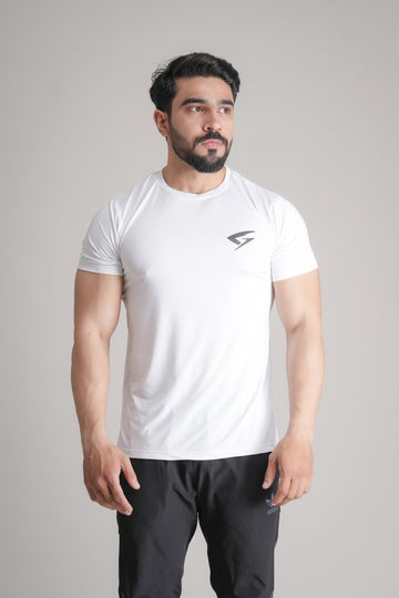 GRYND Dri-Fit White Gym T-Shirt – breathable, sweat-wicking activewear perfect for gym training and summer fitness.