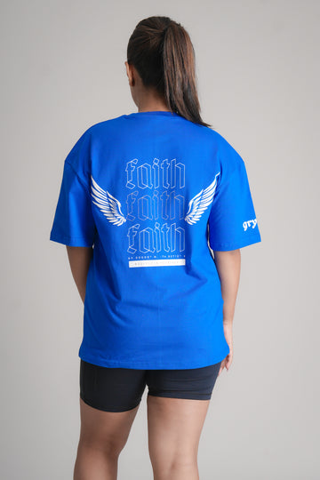 GRYND Faith Blue Oversized T-Shirt for Women – 100% cotton gym wear with relaxed fit, ideal for fitness and daily wear.