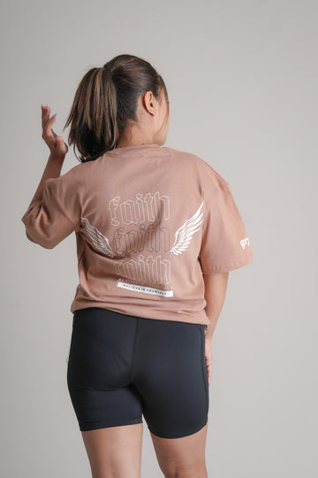 GRYND Faith Mocha Oversized T-Shirt for Women – relaxed fit, 100% cotton activewear ideal for workouts and everyday comfort.