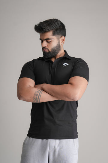 GRYND Black Slim Fit Polo T-Shirt – premium breathable cotton, perfect for gym and everyday activewear.