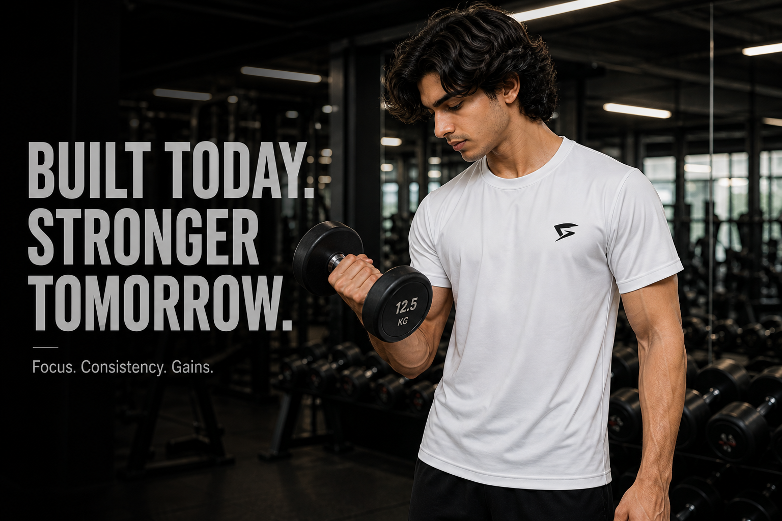 Indian man doing bicep curls in fitted white gym t-shirt, ideal for strength training workouts
