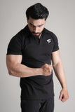 GRYND Black Slim Fit Polo T-Shirt – premium breathable cotton, perfect for gym and everyday activewear.
