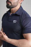 GRYND Navy Blue Slim Fit Polo T-Shirt – breathable cotton activewear, designed for gym workouts and everyday comfort.