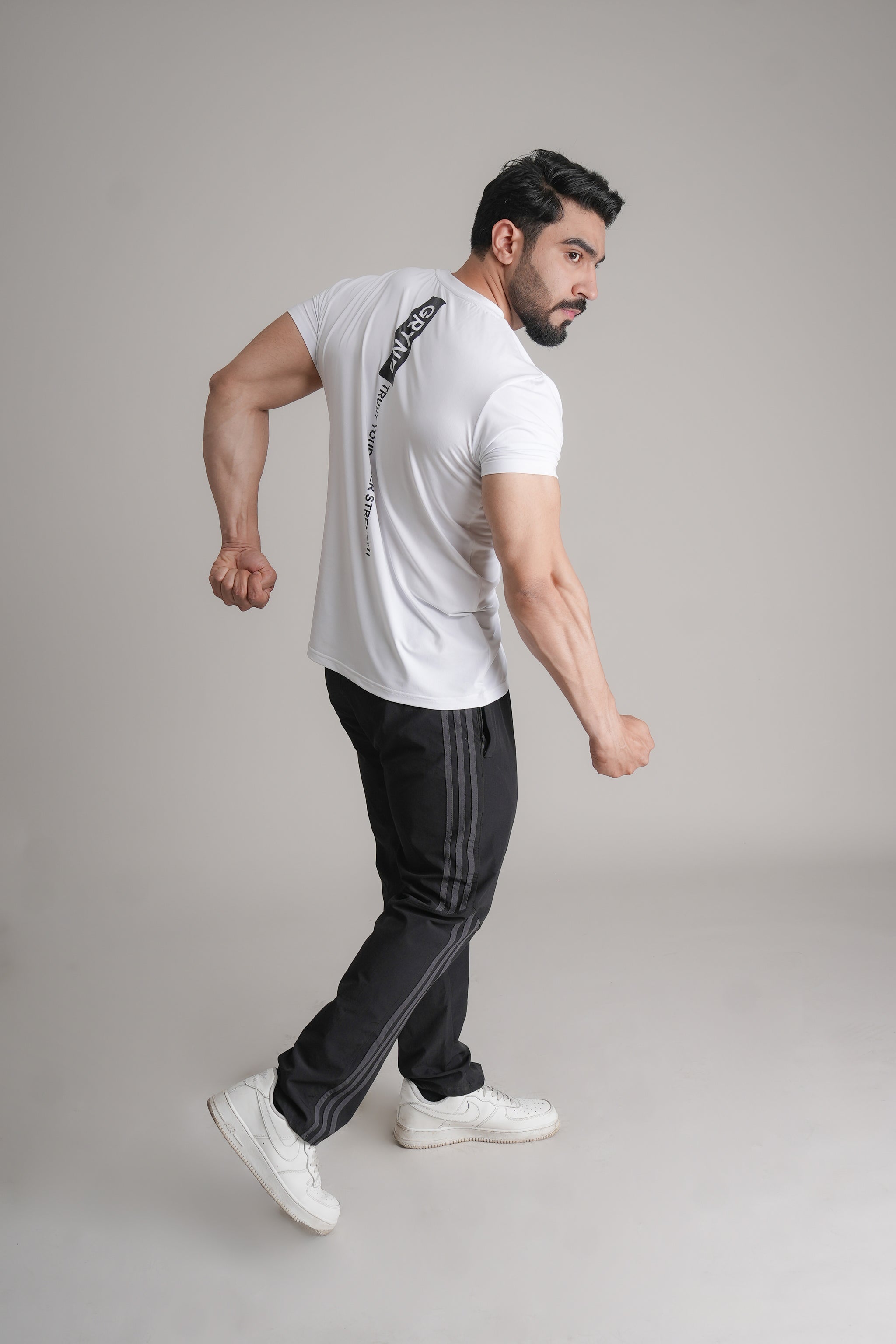 GRYND Dri-Fit White Gym T-Shirt – breathable, sweat-wicking activewear perfect for gym training and summer fitness.