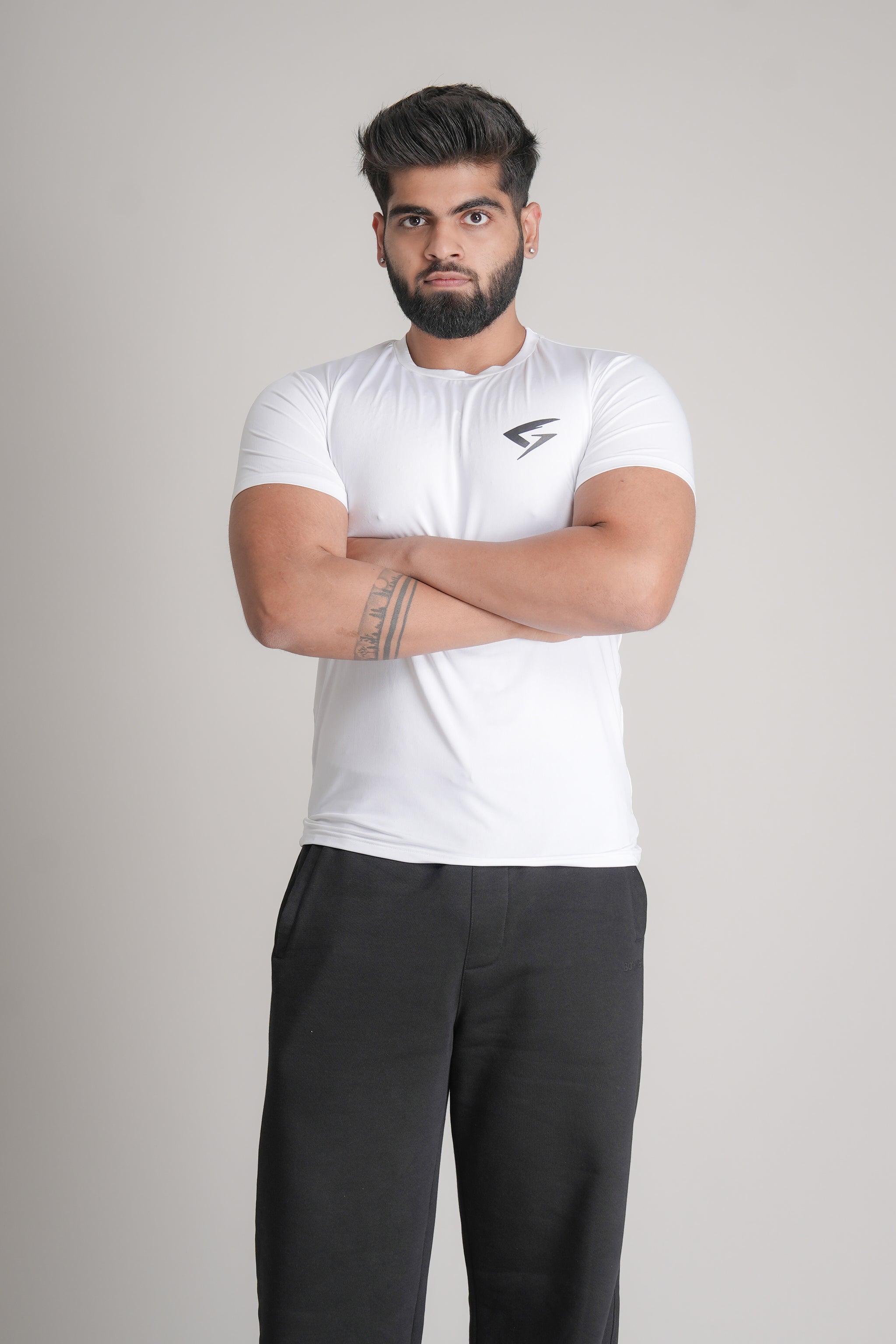 GRYND Dri-Fit White Gym T-Shirt – breathable, sweat-wicking activewear perfect for gym training and summer fitness.