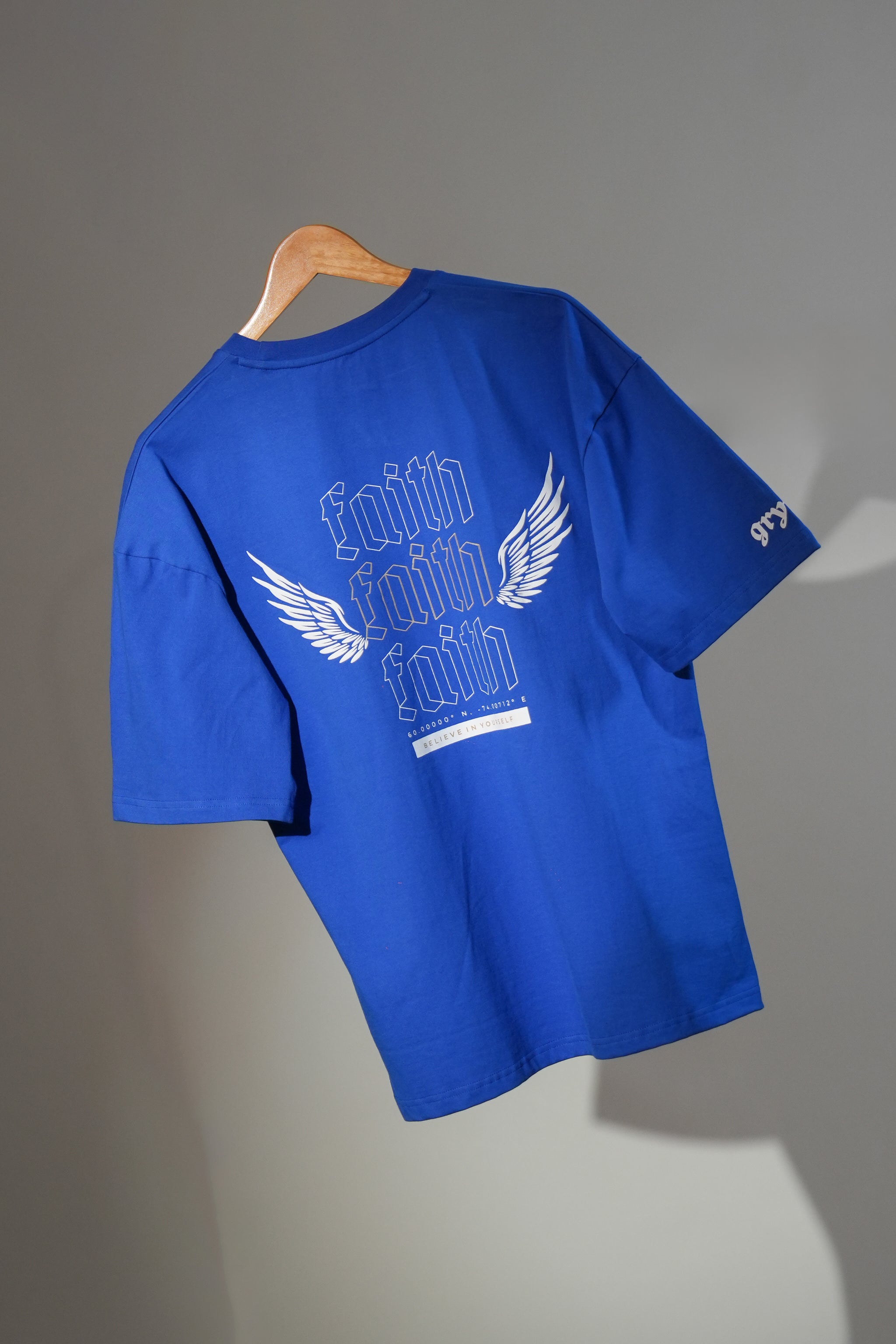 Faith Blue Oversized T-Shirt by GRYND – 100% premium cotton, breathable and relaxed fit, gym-ready design.
