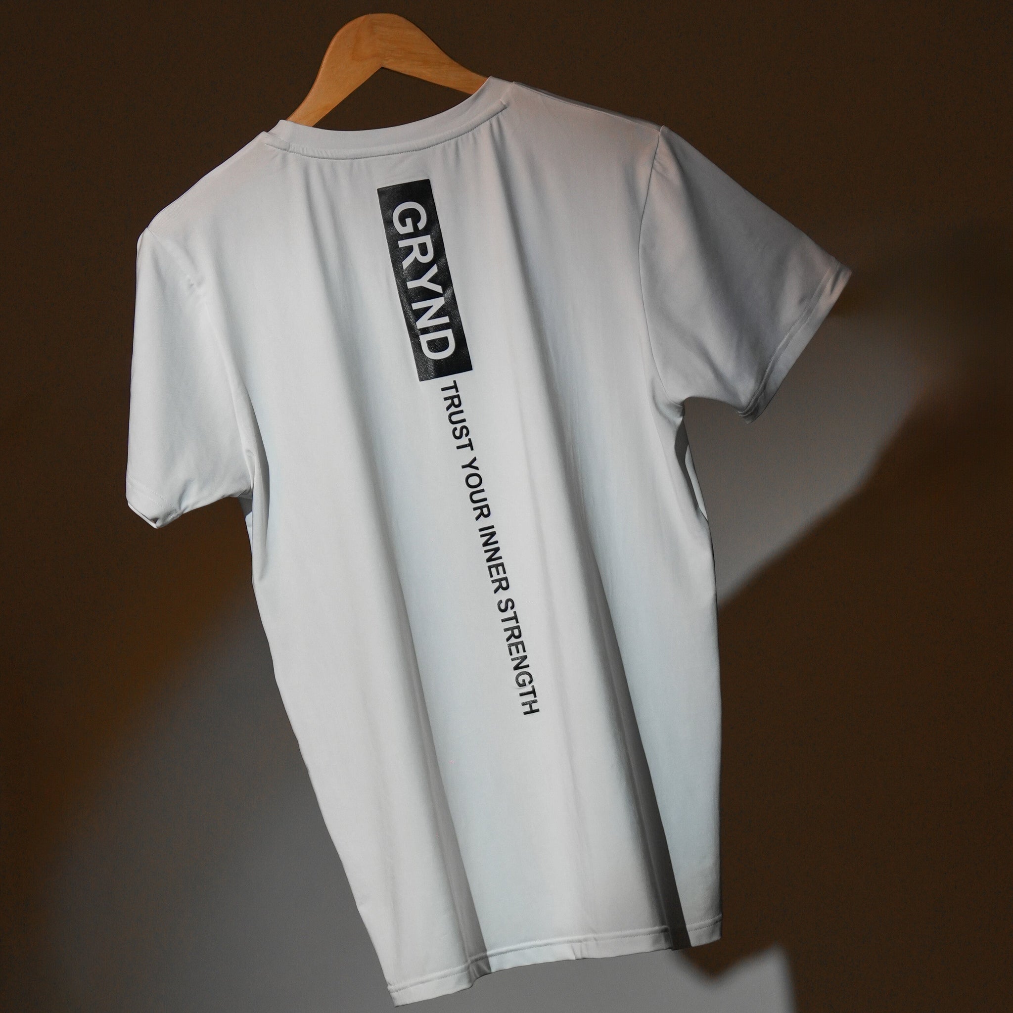 GRYND Dri-Fit White Gym T-Shirt – breathable, sweat-wicking activewear perfect for gym training and summer fitness.